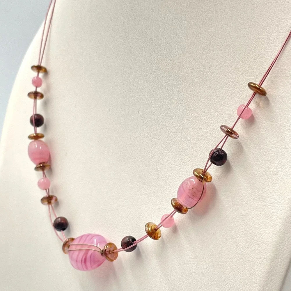 Vintage Y2K Pink Glass Illusion Necklace Floating Beaded Cord Mixed Stone Boho